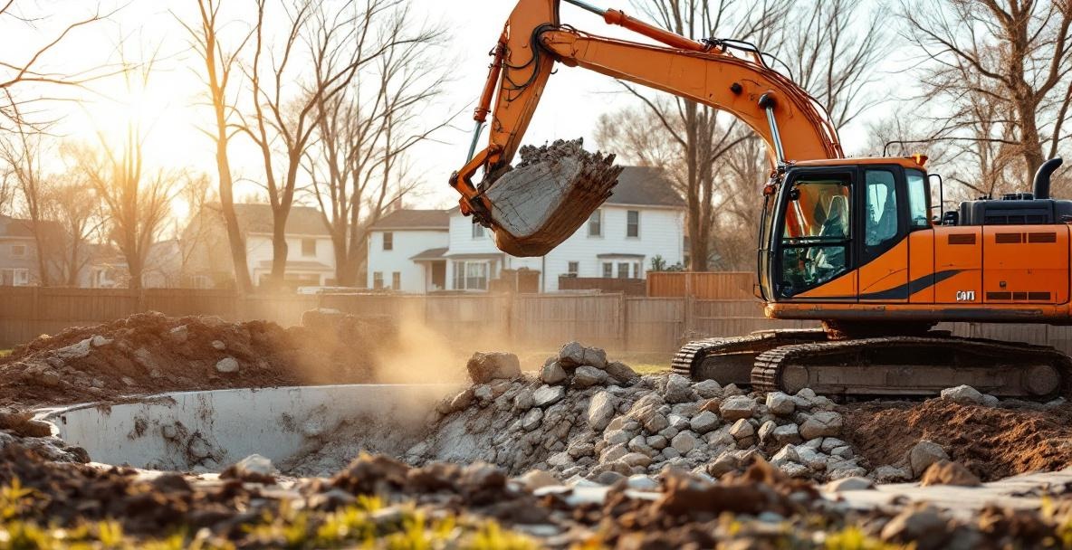 Excavator demolishing an inground swimming pool in a Metro Detroit suburban backyard